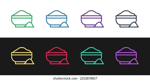 Set line Flour bowl icon isolated on black and white background. Baking Ingredients. Healthy organic food. Kitchen utensils cup. Dough cooking.  Vector