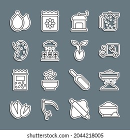 Set line Flour bowl, Sifting flour, truck, Manual coffee grinder, Plant sprouts grow the rain, Seed, Pumpkin seeds and Sprout icon. Vector