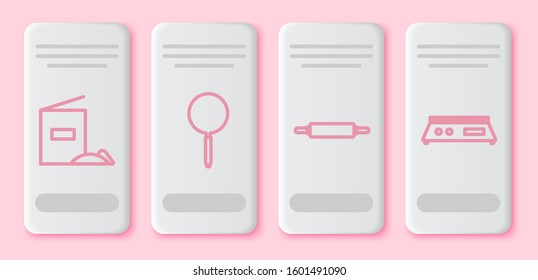 Set line Flour pack , Frying pan , Rolling pin  and Electronic scales . White rectangle button. Vector