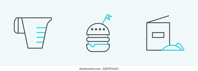 Set line Flour pack, Measuring cup and Burger icon. Vector