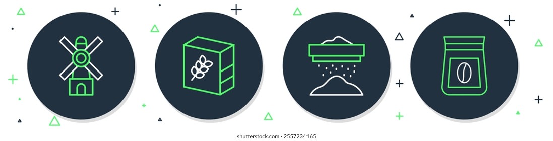 Set line Flour pack, Sifting flour, Windmill and Bag of coffee beans icon. Vector