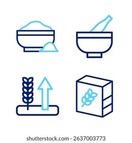 Set line Flour pack, Wheat, Mortar and pestle and bowl icon. Vector