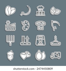 Set line Flour truck, Seed, Scythe, Plant sprouts grow in rain, Agriculture wheat field, Coffee beans and Bread toast icon. Vector