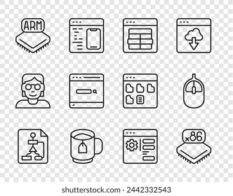 Set line Flowchart, Processor with microcircuits CPU, MySQL code, Cup of tea tea bag, Search engine, Browser setting and Computer mouse icon. Vector