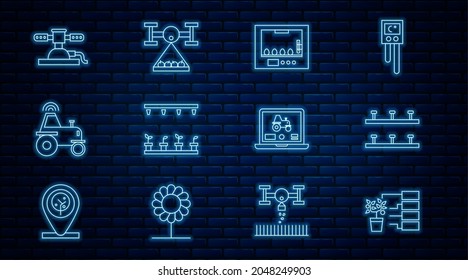 Set line Flower analysis, Automatic irrigation sprinklers, Incubator for eggs, Wireless tractor smart farm, Laptop application and Smart with drone icon. Vector