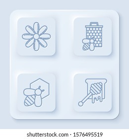 Set line Flower, Bee and honeycomb, Bee and honeycomb and Honey dipper stick with dripping honey. White square button. Vector