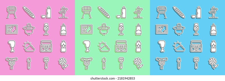 Set line Flower, Bottle of water, Sauce bottle, Thermos container, Camping hat, Folded map, Barbecue grill and Wine glass icon. Vector
