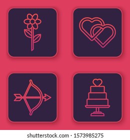 Set line Flower, Bow and arrow, Two Linked Hearts and Wedding cake with heart. Blue square button. Vector