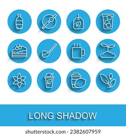 Set line Flower, Cup of tea with leaf, Bottle water, lemon, Tea, Spoon sugar,  and  icon. Vector