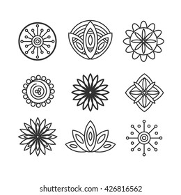 Set of line flower design elements. Plant, blossom and lotus icons
