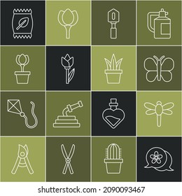 Set line Flower, Dragonfly, Butterfly, Shovel, tulip, in pot, Fertilizer bag and Plant icon. Vector