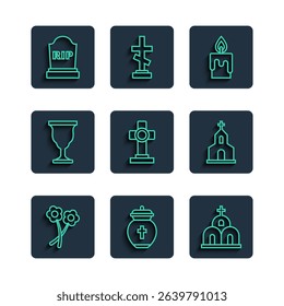 Set line Flower, Funeral urn, Church building, Burning candle, Grave with cross, Christian chalice, Tombstone RIP written and  icon. Vector