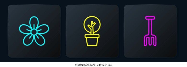 Set line Flower, Garden rake and Forest. Black square button. Vector