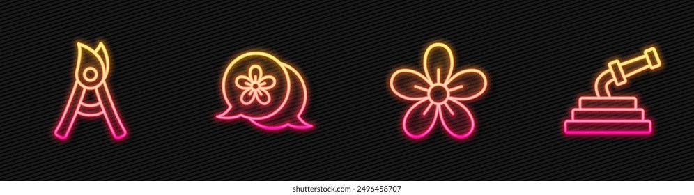 Set line Flower, Gardening handmade scissors,  and hose. Glowing neon icon. Vector