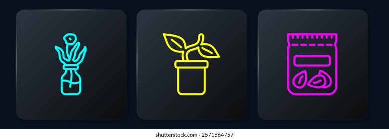 Set line Flower in glass bottle, Pack full of seeds of plant and Plant pot. Black square button. Vector