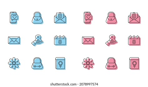 Set line Flower, Handbag, Online dating app chat, Book about women, 8 March on hand, Calendar with, Envelope and  icon. Vector