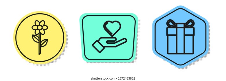 Set line Flower, Heart on hand and Gift box. Colored shapes. Vector