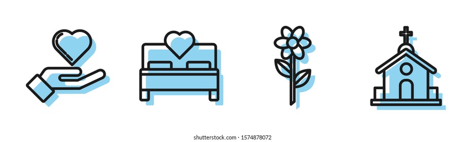 Set line Flower, Heart on hand, Bedroom and Church building icon. Vector