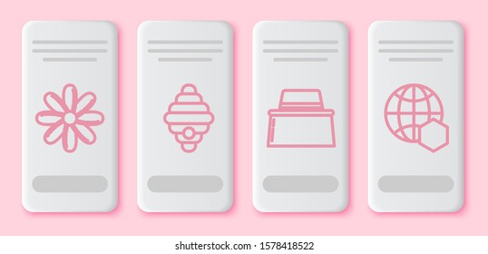 Set line Flower, Hive for bees, Beekeeper with protect hat and Honeycomb map of the world. White rectangle button. Vector