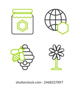 Set line Flower, Hive for bees, Honeycomb map of the world and Jar honey icon. Vector