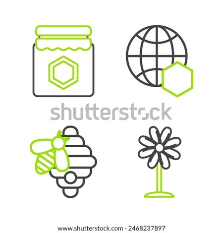 Set line Flower, Hive for bees, Honeycomb map of the world and Jar honey icon. Vector