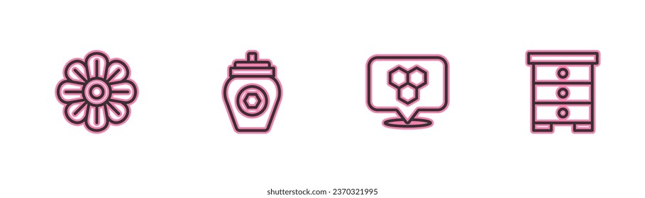 Set line Flower, Honeycomb bee location, Jar of honey and Hive for bees icon. Vector