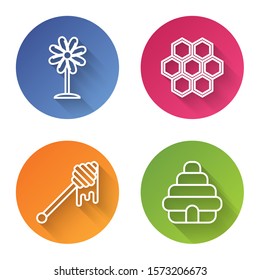 Set line Flower, Honeycomb, Honey dipper stick with dripping honey and Hive for bees. Color circle button. Vector