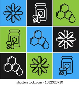 Set line Flower, Honeycomb and Jar of honey with bee icon. Vector