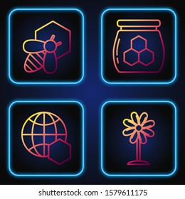 Set line Flower, Honeycomb map of the world, Bee and honeycomb and Jar of honey. Gradient color icons. Vector
