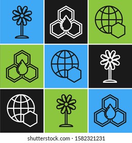 Set line Flower, Honeycomb map of the world and Honeycomb icon. Vector