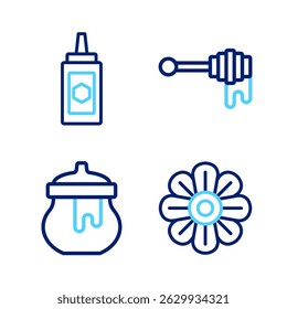 Set line Flower, Jar of honey, Honey dipper stick with and  icon. Vector