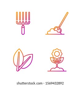 Set line Flower, Leafs, Garden rake in work and Shovel in the ground. Gradient color icons. Vector