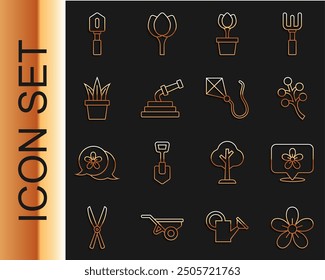 Set line Flower, Location with flower, Blossom tree branch, tulip in pot, Garden hose, Plant, Shovel and Kite icon. Vector