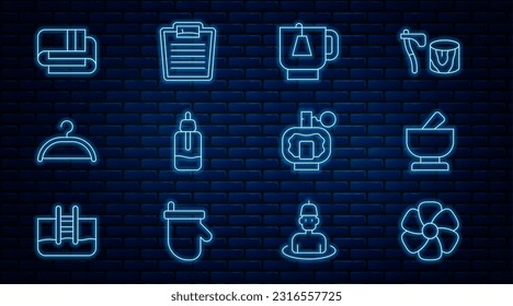 Set line Flower, Mortar and pestle, Cup of tea with tea bag, Essential oil bottle, Hanger wardrobe, Towel stack, Aftershave and Bathroom scales icon. Vector