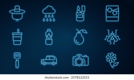 Set line Flower, Mosquito, Lighter, Bottle of water, Paper glass with, Camping hat, Pear and Cloud rain icon. Vector