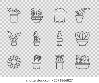 Set line Flower, Plant in pot, Pot with soil, Cactus peyote,  and  icon. Vector