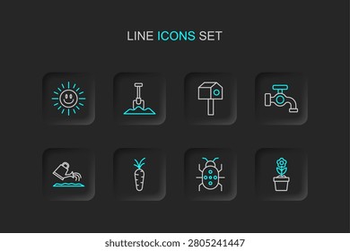 Set line Flower in pot, Colorado beetle, Carrot, Watering can, tap, Bird house, Shovel and Sun icon. Vector