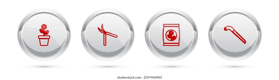 Set line Flower in pot, Gardening handmade scissor, Fertilizer bag and saw. Silver circle button. Vector
