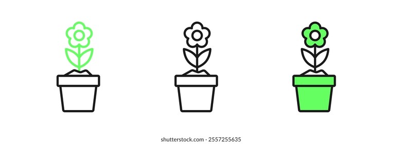 Set line Flower in pot icon isolated on white background. Plant growing in a pot. Potted plant sign.  Vector