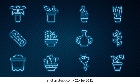 Set line Flower in pot, Ivy branch, Cactus peyote, Plant, Meteorology thermometer, Exotic tropical plant, Vase and  icon. Vector