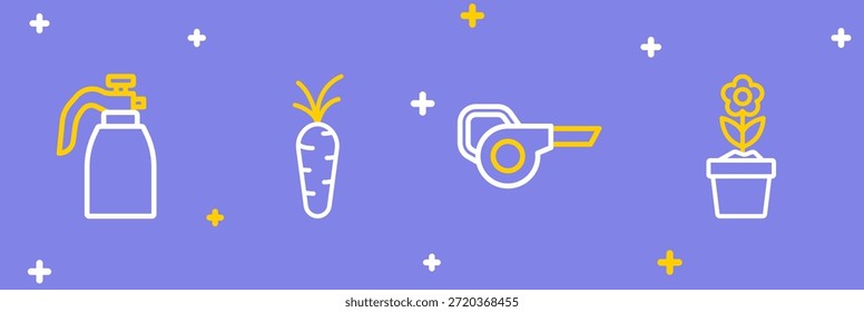 Set line Flor en maceta, soplador de jardín de hojas, zanahoria y pulverizador de jardín para icono de agua. Vector