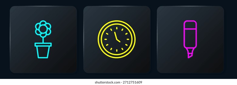 Fije la línea de la flor en el pote, el rotulador y el reloj. Botón cuadrado negro. Vector