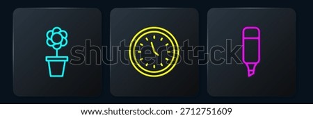 Set line Flower in pot, Marker pen and Clock. Black square button. Vector