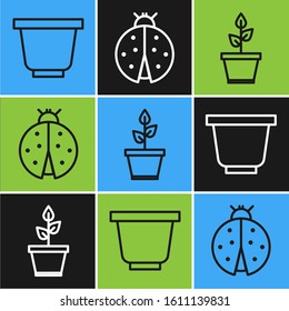 Set line Flower pot, Plant in pot and Ladybug icon. Vector