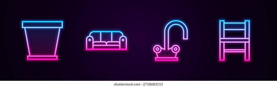 Set línea maceta, sofá, grifo de agua y silla. Icono de neón brillante. Vector
