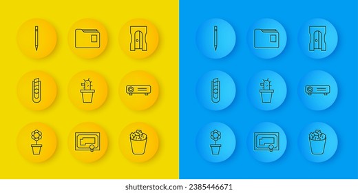 Set line Flower in pot, Stationery knife, Cactus and succulent, Full trash can, Movie, film, media projector, Pencil with eraser, sharpener and Document folder icon. Vector