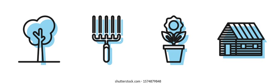 Set line Flower in pot, Tree, Garden rake in work and Farm house icon. Vector