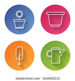 Set line Flower in pot, Flower pot, Tree and Watering can. Color circle button. Vector