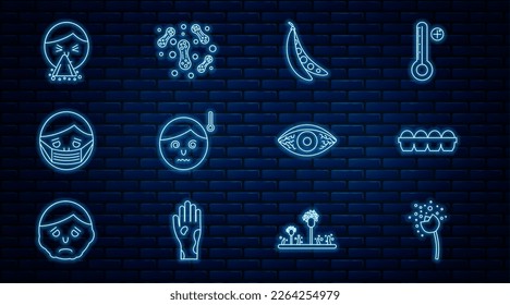 Set line Flower producing pollen, Kidney beans, High human body temperature, Face protective mask, Handkerchief to his runny nose, Reddish eye allergic conjunctivitis and Bacteria icon. Vector