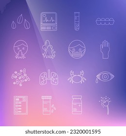 Set line Flower producing pollen, Hand with psoriasis or eczema, Test tube flask, Runny nose, Handkerchief to his runny, Sesame seeds and Face protective mask icon. Vector